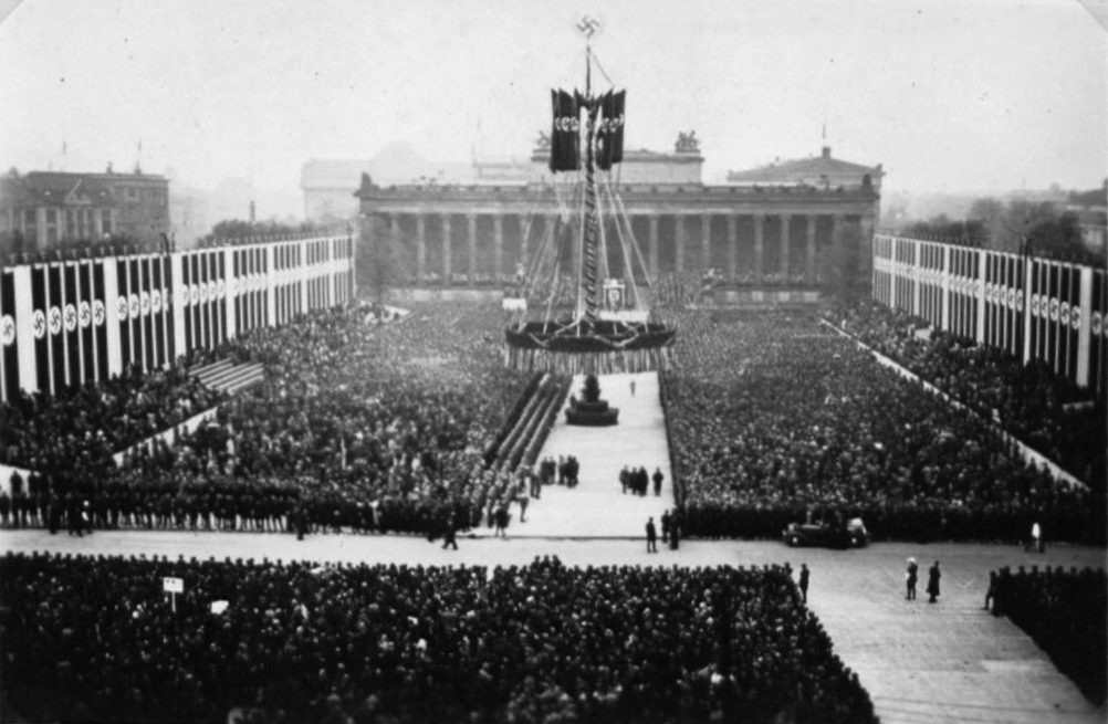 View of Berlin's Lustgarden and the Maypole during Adolf Hitler's speech for the May Day celebration